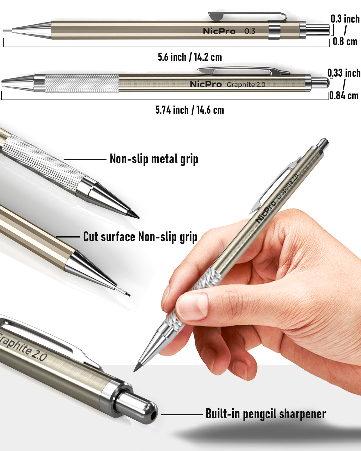 Nicpro 5 PCS Metal Mechanical Pencil Set in Case, Drafting Pencils 0.3