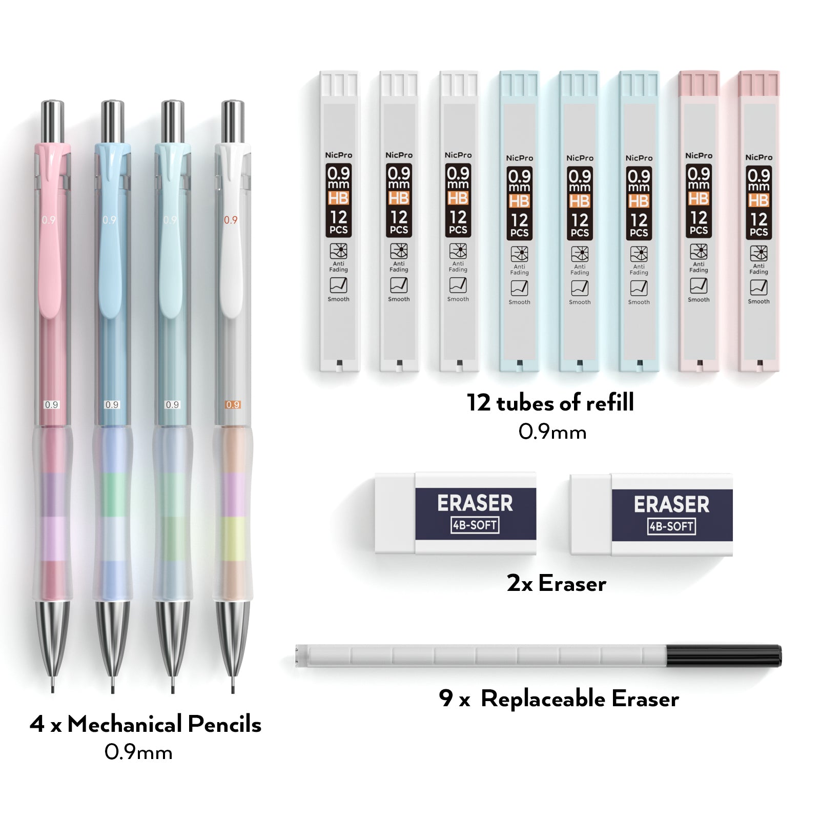 Nicpro 4 PCS 0.9 mm Mechanical Pencil Set With Storage Case, Pastel Drafting Pencil For Student School Writing, Sketching Drawing, With HB #2 Lead Refills Erasers