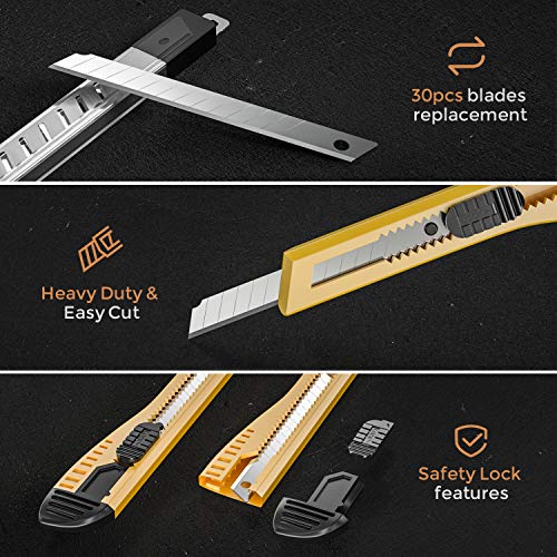 HAUTMEC Easy Loading Retractable Snap Off Heavy Duty 18mm Utility Knife Box  Cutter Art Knife, with Extra 10 Pieces SK2 Rust