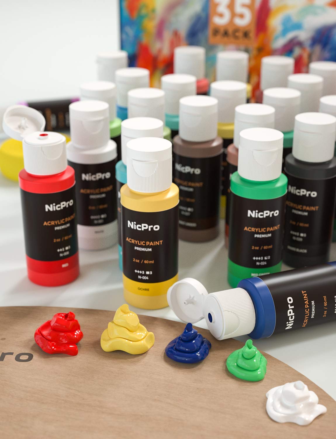 Nicpro 30 Colors Acrylic Paint Set/Tube(2 oz, 60ml) with 3 Brushes, Sponge & Paint Knife, Rich Pigments for Artist, Adults & Kids, Ideal for Canvas Wood Rock Crafts Model Fabric Ceramic Painting