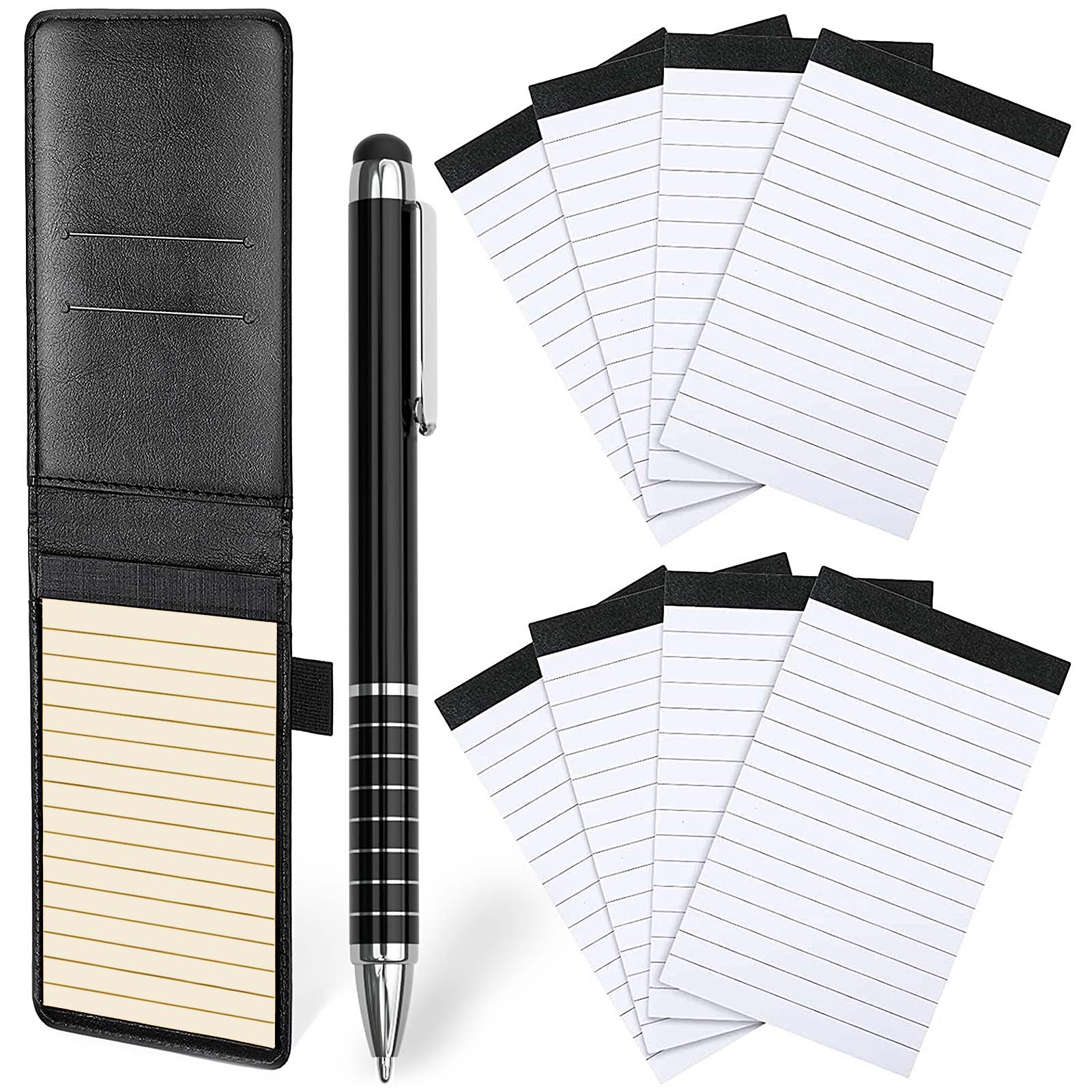 Nicpro Small Notepads Holder Set, 10 Pieces Mini Pocket Notebook PU Leather with 1pcs Metal Pen and 8pcs Lined Memo Book Refills for Meeting, Daily Records, Notes (Black)