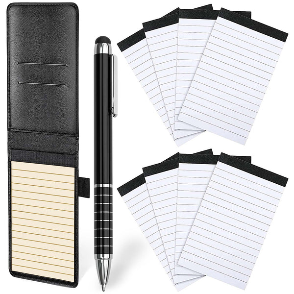 Nicpro Small Notepads Holder Set, 10 Pieces Mini Pocket Notebook PU Leather with 1pcs Metal Pen and 8pcs Lined Memo Book Refills for Meeting, Daily Records, Notes (Black)
