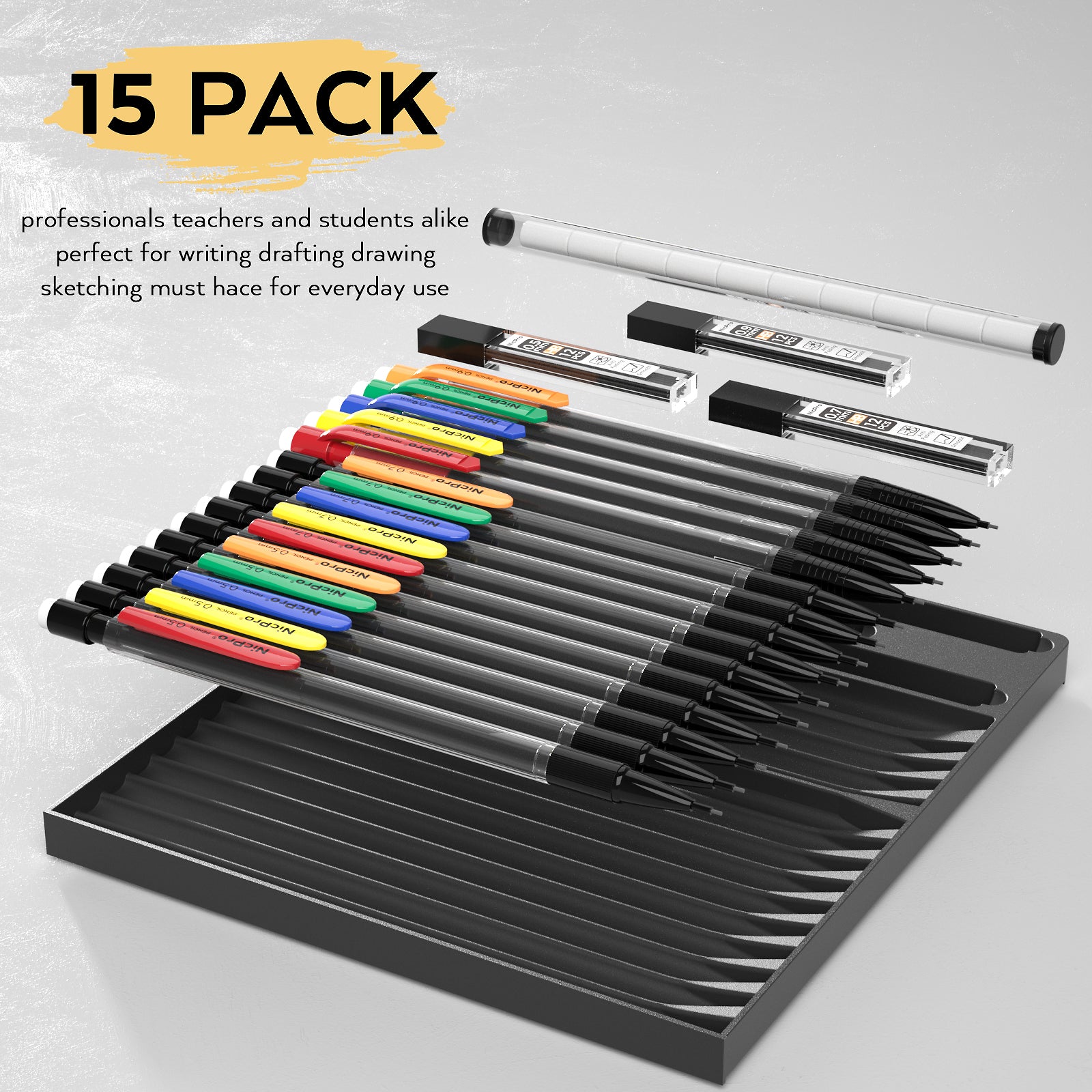 Nicpro 15 Pack Mechanical Pencil Set 0.5 mm & 0.7 mm & 0.9 mm , Color Pencil Clips Drafting Pencil Bulk with HB Lead Refills, Eraser Refills for Kid Student Smooth Writing, Drawing, Sketching