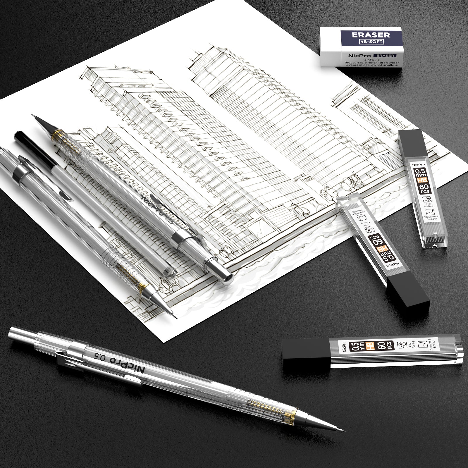 Nicpro Mechanical Pencils Set, 3PCS Mechanical Pencil 0.5 with 3 Tubes HB  Lead Pencil 0.5mm,1 PCS Eraser & 9 PCS Eraser Refill, White Drafting Pencil