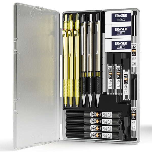 Nicpro Gold Mechanical Pencils Set, 3 PCS Metal Drafting Pencil 0.5 mm & 0.7 mm & 0.9 mm & 3 PCS 2mm Graphite Lead Holder (2B HB 2H) For Writing, Sketching Drawing With 12 Tube Lead Refills Case