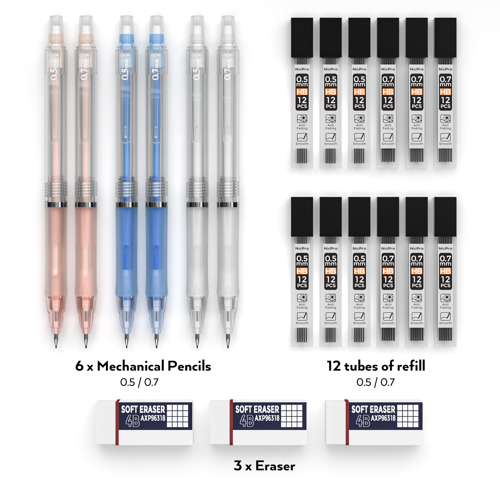 Nicpro 6 PCS Mechanical Pencil 0.5 & 0.7 mm for School, with HB Lead Refills, Erasers For Student Writing, Drawing, Sketching, Blue & Pink & White Colors - Come with Case