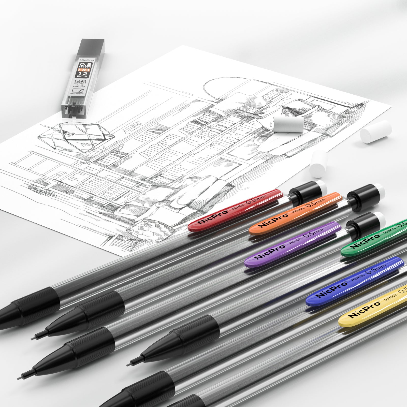 Nicpro 6 PCS 0.5 mm Mechanical Pencil Set, Color Pencil Clips Design D