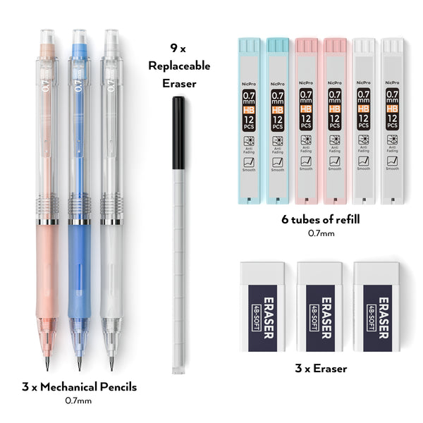 Nicpro 3 PCS Pastel Mechanical Pencil 0.7 with Case for School, with 6 tubes HB Lead Refills, 3 x Erasers, 9 x Eraser Refills for Student Writing, Drawing, Sketching, Blue & Pink & White Colors