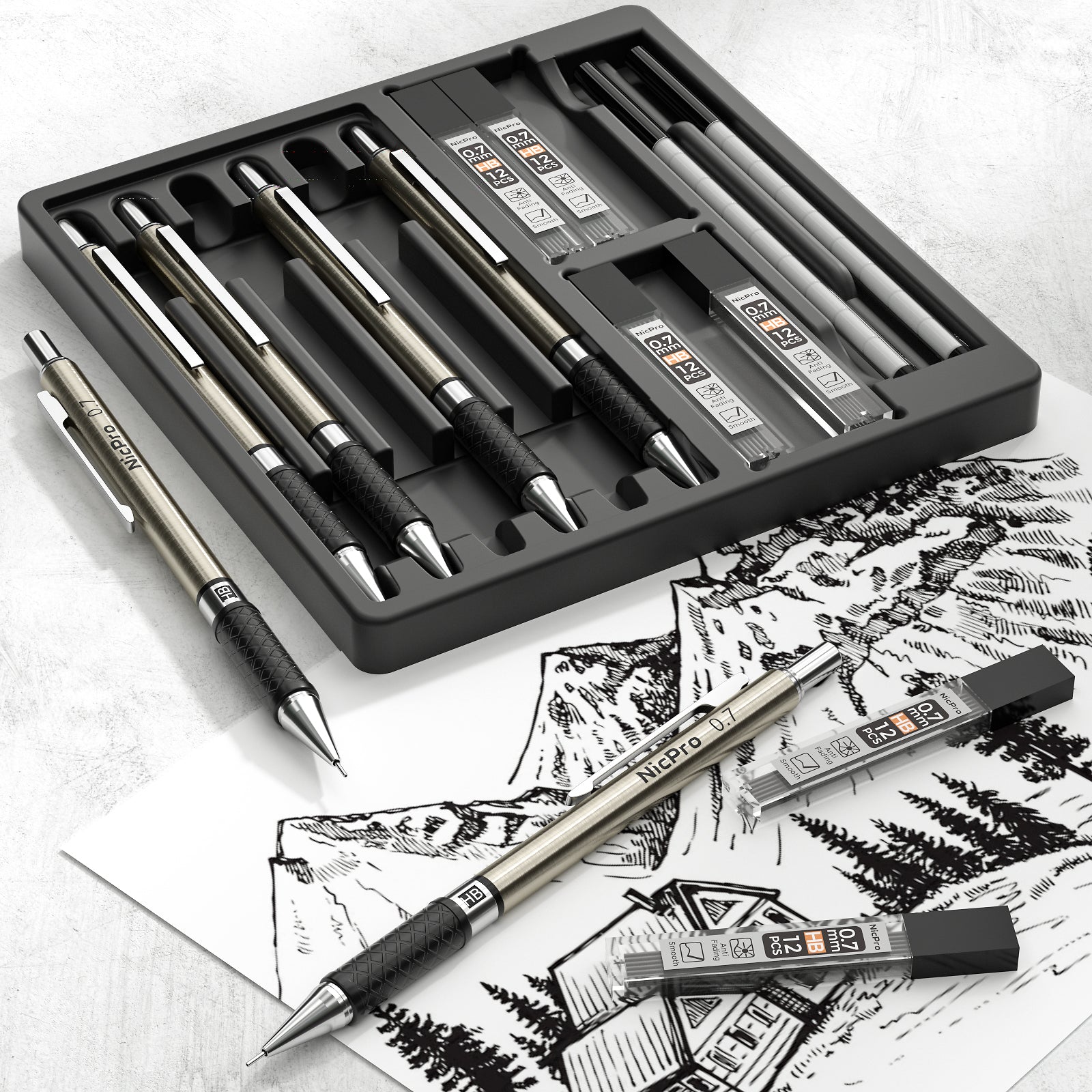 Nicpro 6 PCS Art Mechanical Pencils Set Metal, Artist Drafting Pencil