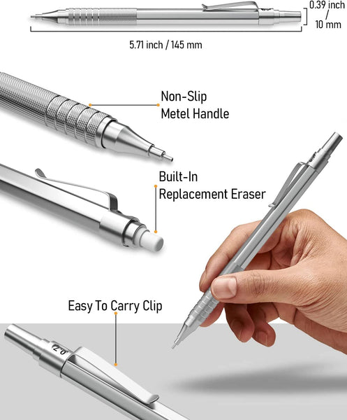 Nicpro 20PCS Metal Mechanical Pencil Set in Leather Case, 0.3, 0.5, 0.7, 0.9 mm & 2mm Lead Pencil Holders, 9 Tube (4B 2B HB 2H) Lead Refills(Black & Colors), Erasers For Art Drafting Sketching Drawing