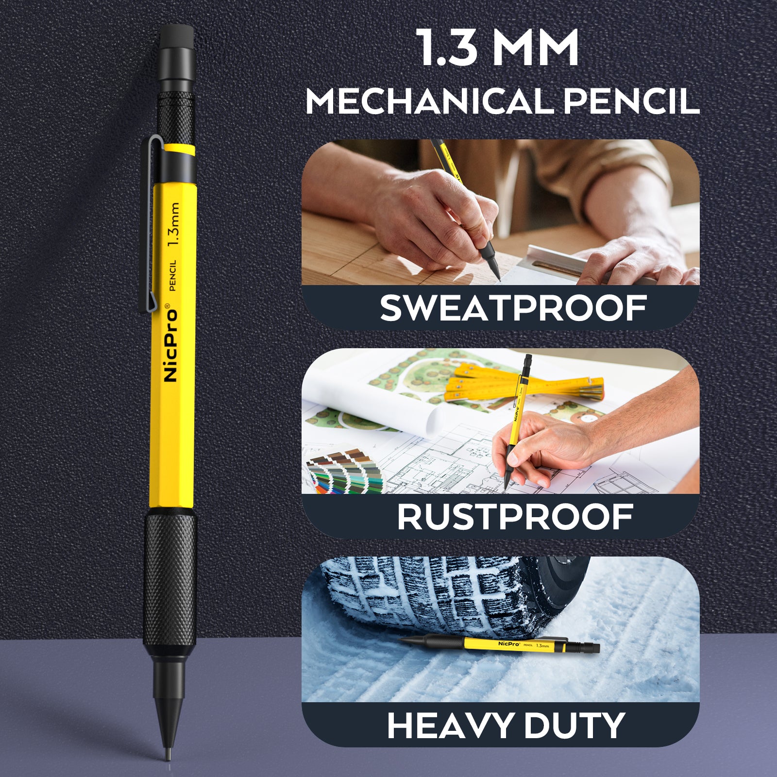 Nicpro 1.3 mm Mechanical Pencils Set with 12 Lead Refill, Eraser - Weatherproof Metal Barrel, Heavy Duty Carpenter Pencil for Outdoor Marking Drafting Drawing Sketching Woodworking - with Case
