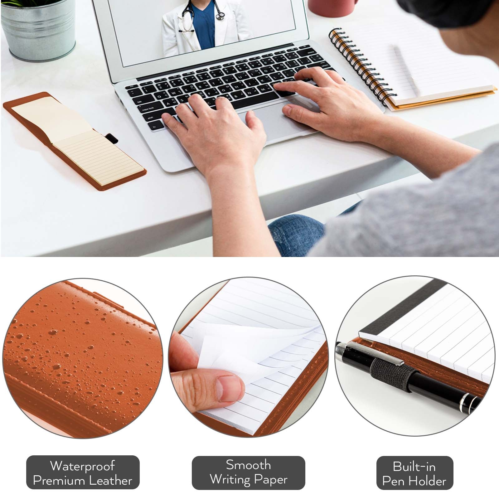 Nicpro Small Notepads Holder Set, 10 Pieces Mini Pocket Notebook PU Leather with 1pcs Metal Pen and 8pcs Lined Memo Book Refills for Meeting, Daily Records, Notes (Brown)