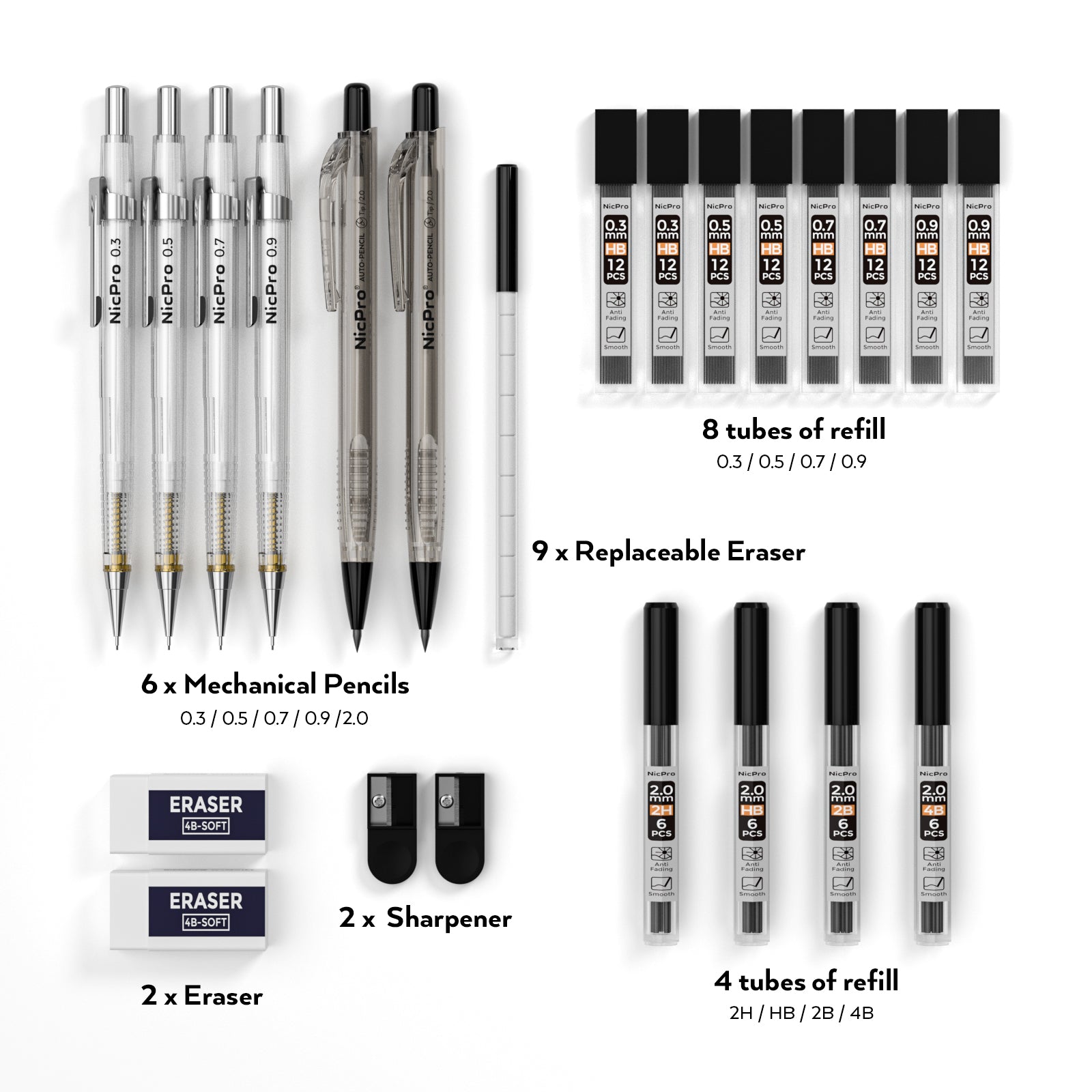 6PCS Art Mechanical Pencils Set, 3PCS Metal Drafting Pencil 0.5 mm & 0.7 mm  & 0.9 mm & 3PCS 2mm Graphite Lead Holder (2B HB 2H) For Writing, Sketching