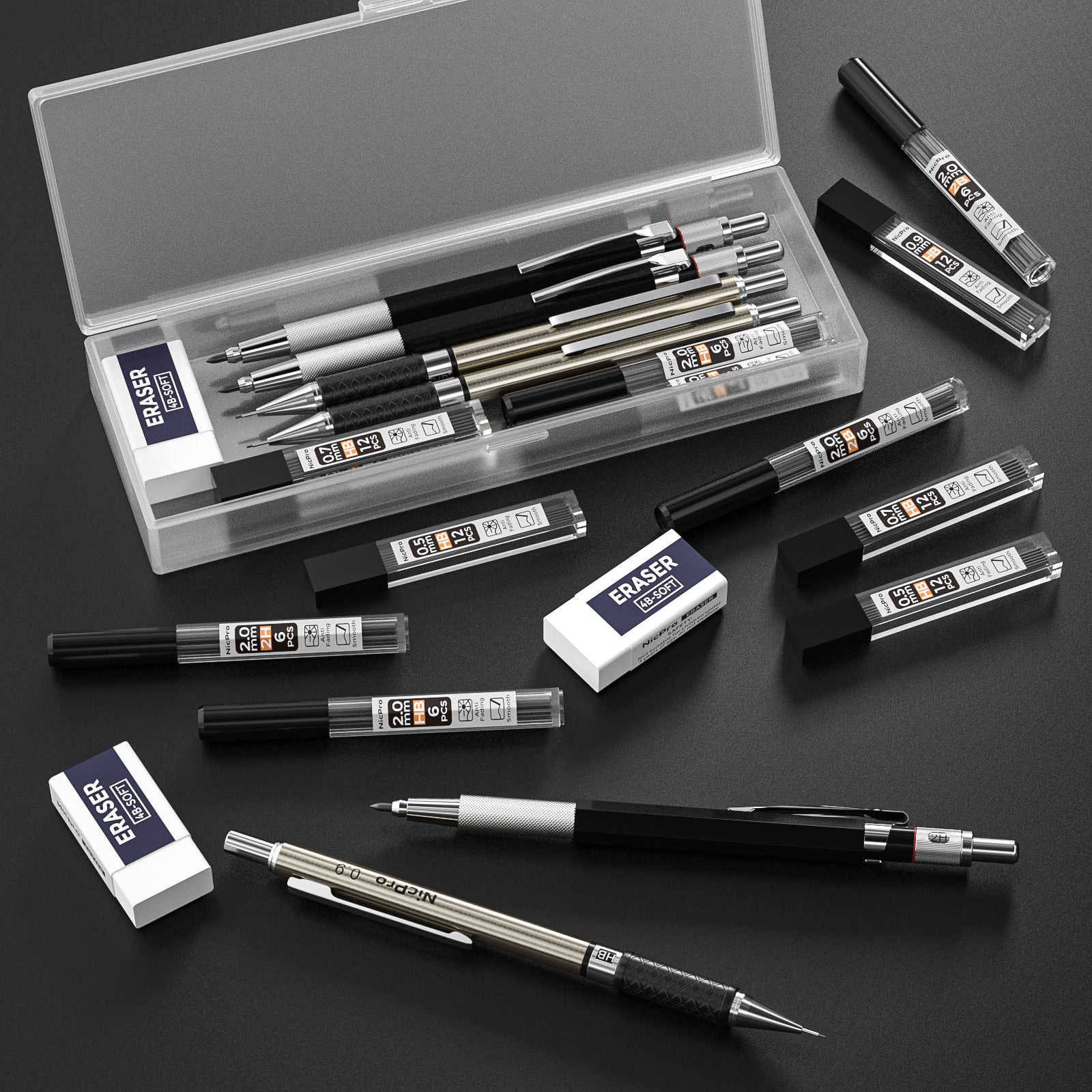 B0BCQ65PCQ Nicpro 6 PcS Art Mechanical Pencils Set, Black Metal Drafting  Pencil 03, 05, 07, 09 mm & 2PcS 2mm graphite Lead Holder(4B 2B HB