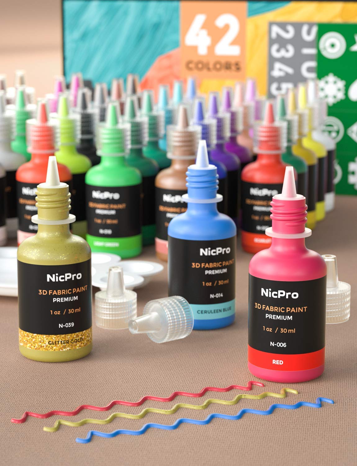 Nicpro 3D Fabric Paint Set ,42 Colors Puffy Paints with 3 Brushes and Stencils, Palette| Permanent Textile Paint Including Neon & Glitter& Metallic Glue Colors for Craft, T-Shirt, Glass and Wood