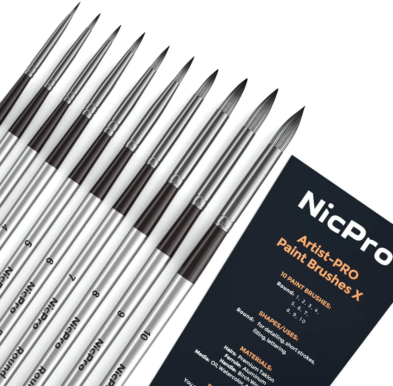 Nicpro 10 PCS Round Paint Brush Set Artist Painting Brushes for Watercolor Acrylic Oil, Art Paintbrush