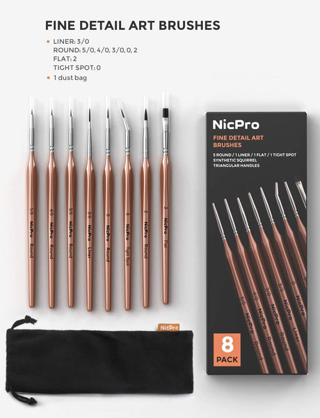 Nicpro 8 PCS Small Detail Paint Brush Set,Professional Artist Miniature Brushes Liner Paintbrush for Watercolor Oil Acrylic, Craft Models Rock Painting & Paint by Number, Warhammer 40k