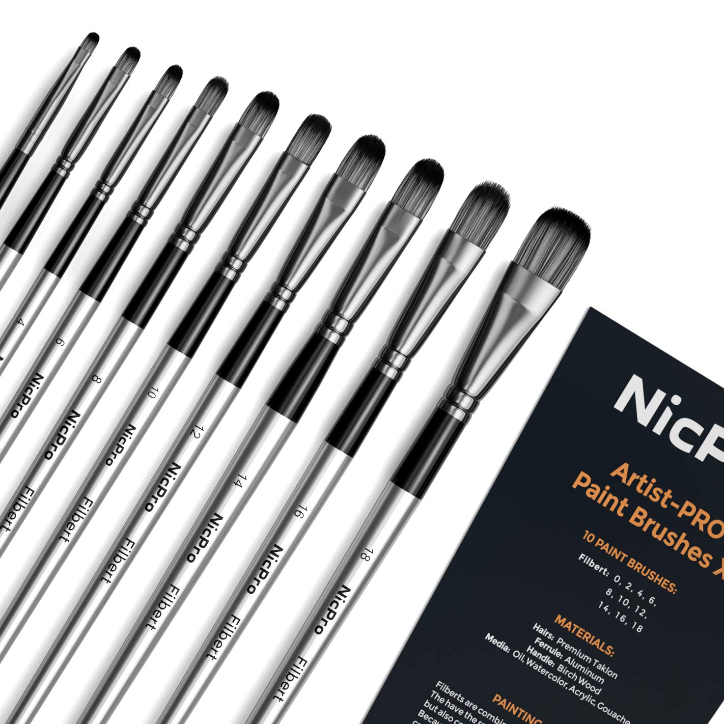 Nicpro 10 PCS Filbert Paint Brushes Art Painting Brush Set for Acrylic Watercolor Oil Gouache Canvas, Artist Kit for Kid & Adult