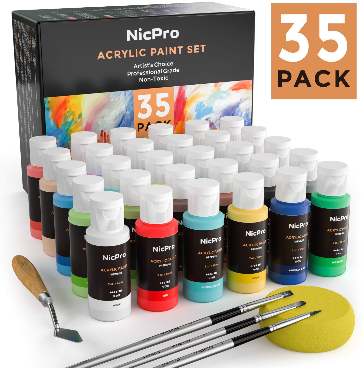 Nicpro 30 Colors Acrylic Paint Set/Tube(2 oz, 60ml) with 3 Brushes, Sponge & Paint Knife, Rich Pigments for Artist, Adults & Kids, Ideal for Canvas Wood Rock Crafts Model Fabric Ceramic Painting