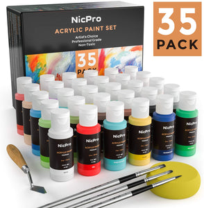 Nicpro 30 Colors Acrylic Paint Set/Tube(2 oz, 60ml) with 3 Brushes, Sponge & Paint Knife, Rich Pigments for Artist, Adults & Kids, Ideal for Canvas Wood Rock Crafts Model Fabric Ceramic Painting