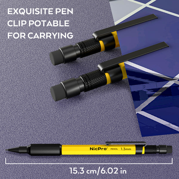 Nicpro 1.3 mm Mechanical Pencils Set with 12 Lead Refill, Eraser - Weatherproof Metal Barrel, Heavy Duty Carpenter Pencil for Outdoor Marking Drafting Drawing Sketching Woodworking - with Case