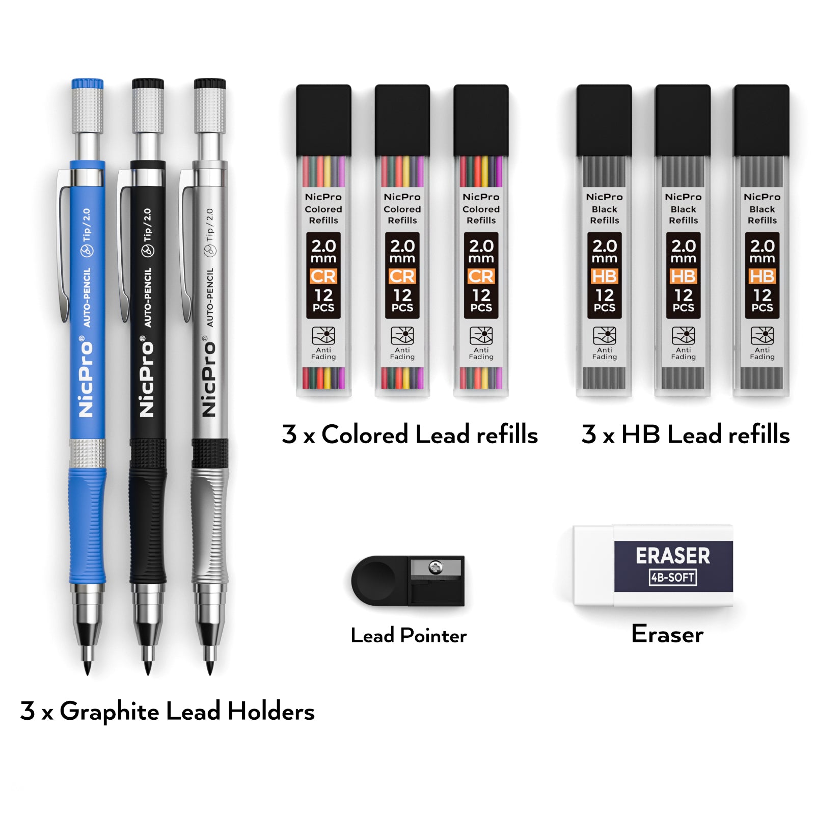 Nicpro 11 Pieces Colors 2mm Mechanical Pencil Set, 3 PCS Carpenter Drafting Pencil 2.0 mm for Art Drawing Writing Sketching Construction with 6 Tube Pre-Sharpen 2B & Color Refill, Eraser, Sharpener