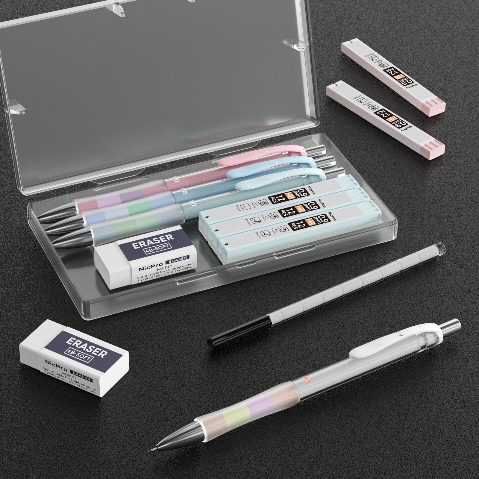 Nicpro 4 PCS 0.9 mm Mechanical Pencil Set With Storage Case, Pastel Dr