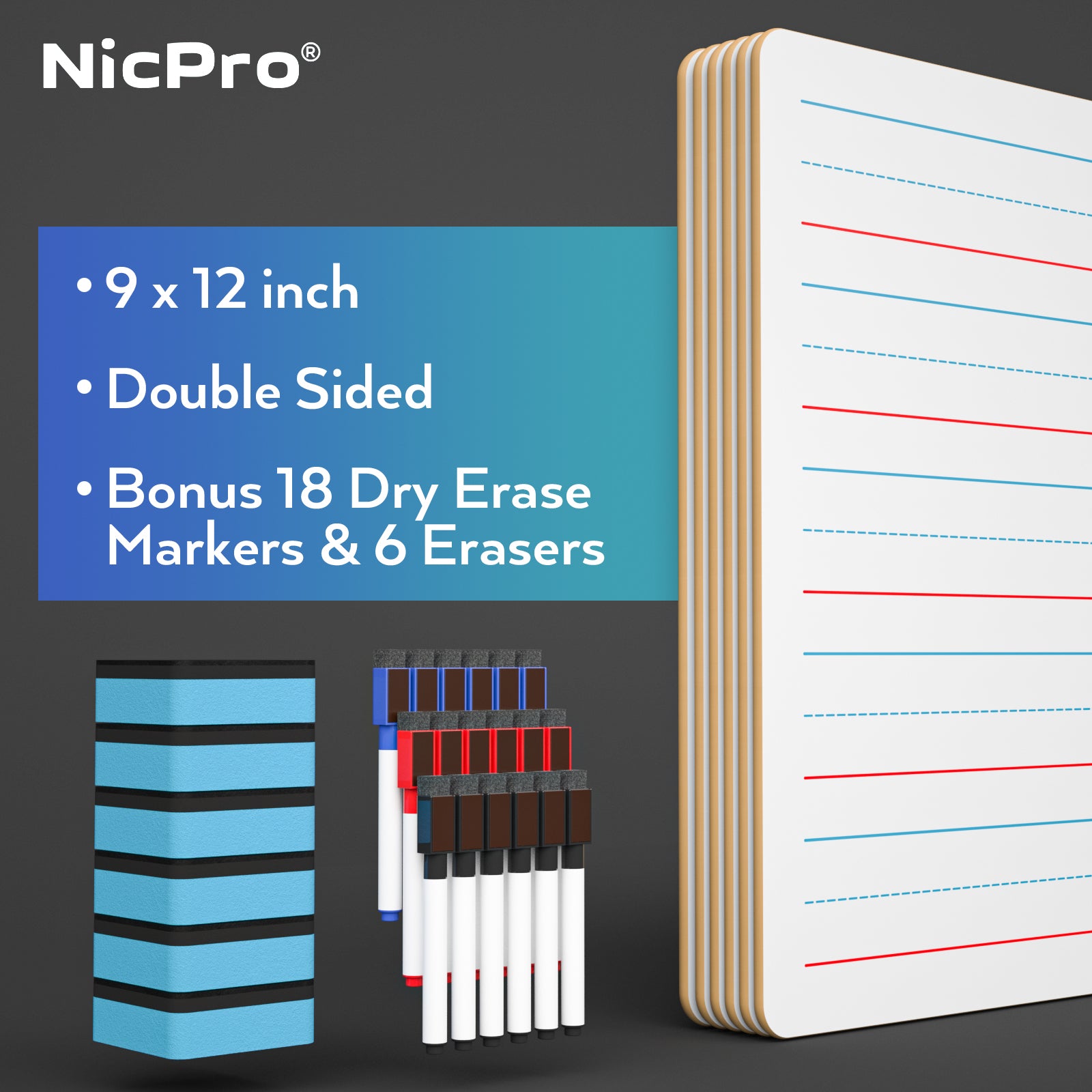Nicpro 6 Pack Dry Erase Lap Board Set 9 x 12 Inch Double Sided Lined & Blank Lapboard Ruled With 18 Water-based Pens 6 Eraser