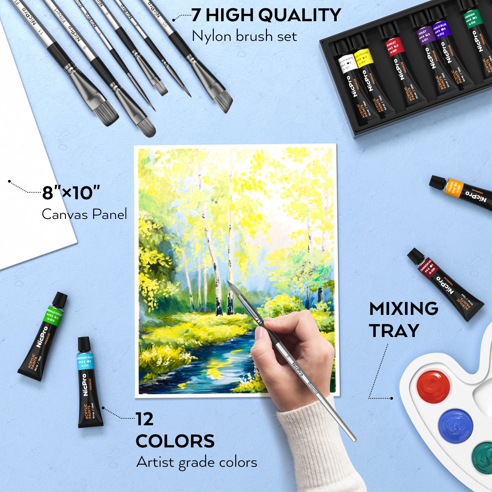 Nicpro Acrylic Canvas Painting Kit, Beginner Art Set Including 12 Rich Pigment Colors (12ml) 7 Brushes, 2 PCS Canvas, Wooden Easel, Supplies for Artist, Adult, Student & Kid