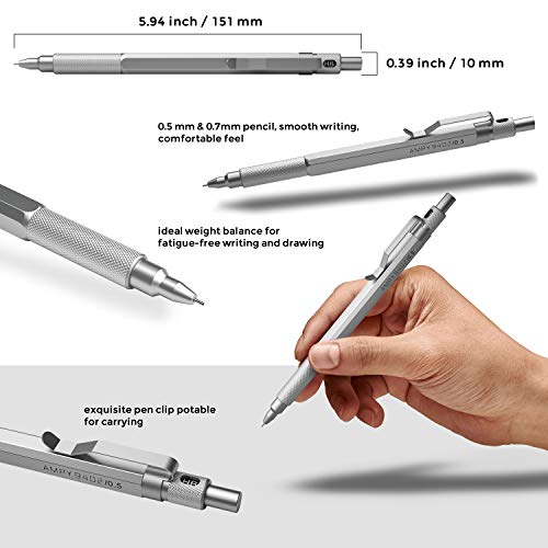 Nicpro 0.5 mm and 0.7 mm Mechanical Pencils Set With Carrying Bag, Professional Metal Artist Drafting Pencil With 4 Tubes HB Pencil Leads And 2 Erasers For Writing Drafting, Drawing, Sketch Graph