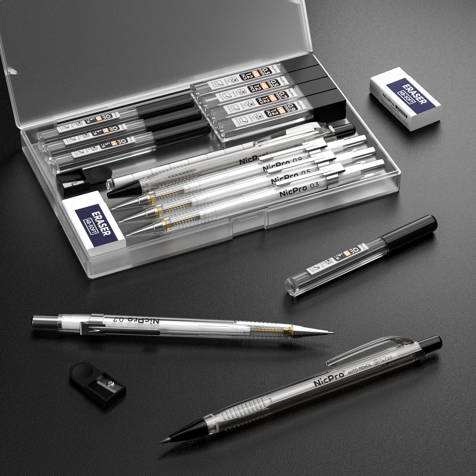 Nicpro 6PCS Art Mechanical Pencils Set, 3 PCS Metal Drafting Pencil 0.5 mm  & 0.7 mm & 0.9 mm & 3 PCS 2mm Graphite Lead Holder (2B HB 2H) For Writing