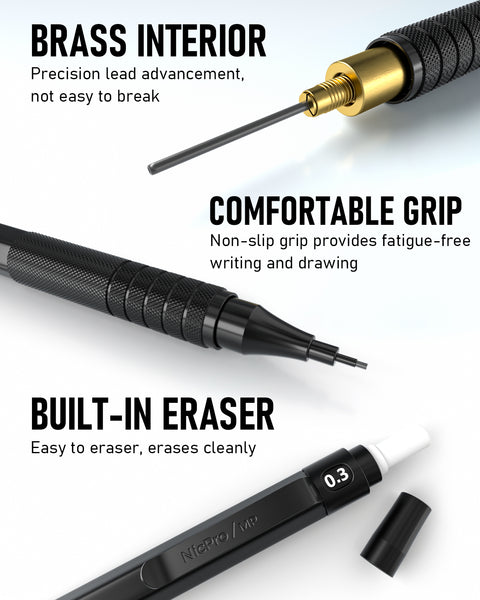 Nicpro Black Art Mechanical Pencil Set, 5PCS Metal Drafting Pencils 0.3, 0.5, 0.7, 0.9, 2mm Lead Pencil Holder (4B 2B HB 2H Colored Lead) For Writing Sketching Drawing With 9 Lead Refills Eraser Case