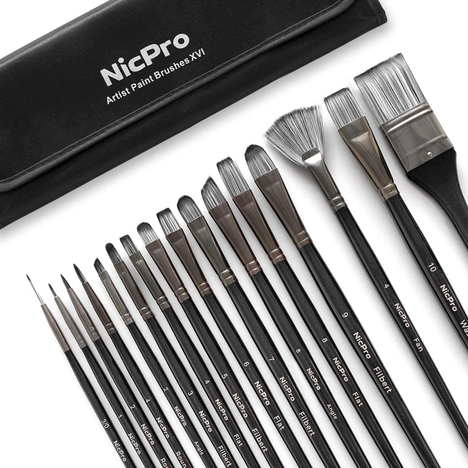 Nicpro Professional Paint Brushes Set for Acrylic Watercolor Oil Gouache Painting 16 PCS Black Art Brush Comb Supplies Kit with Carrying Travel Bag