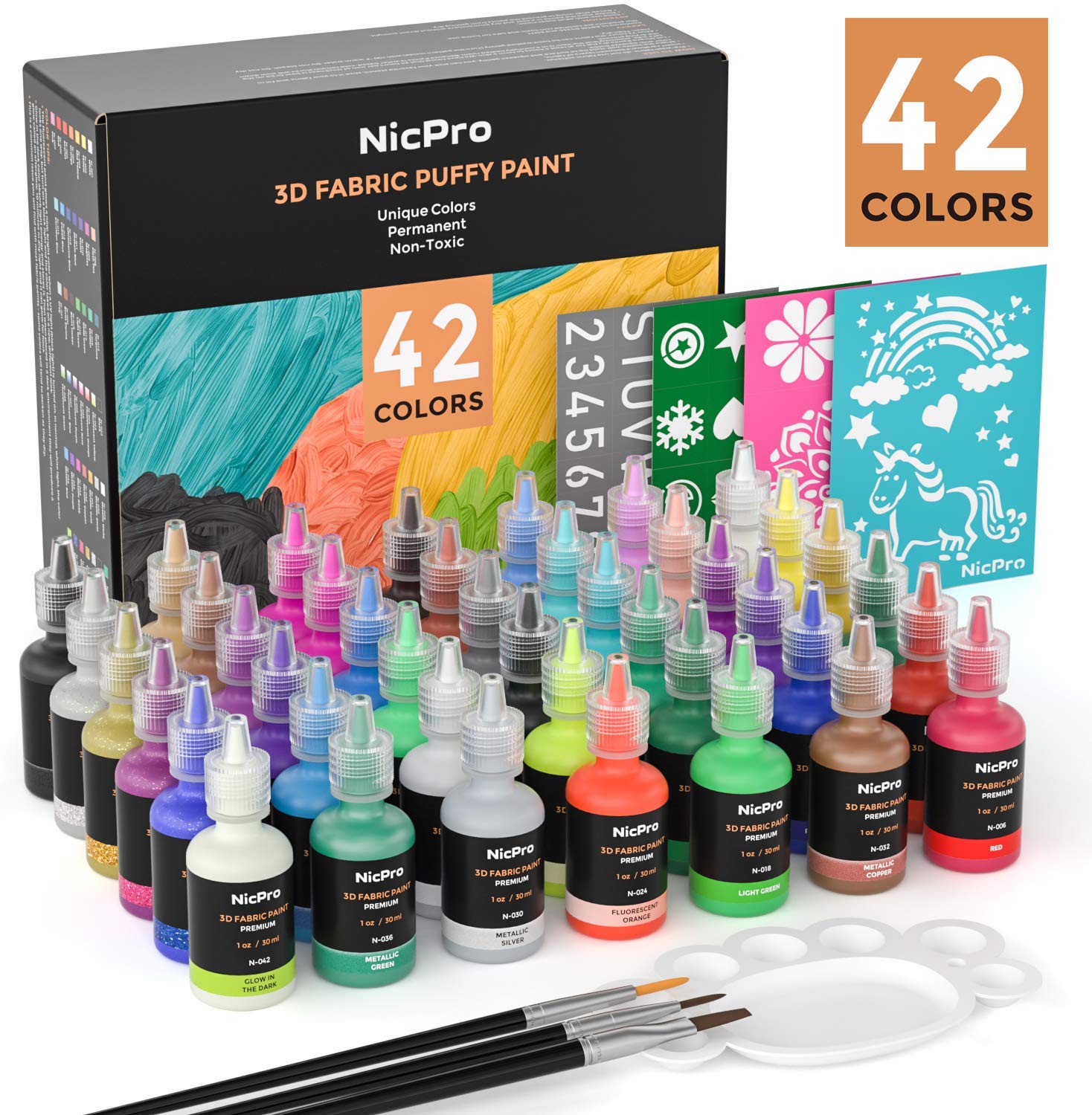 Nicpro 3D Fabric Paint Set ,42 Colors Puffy Paints with 3 Brushes and Stencils, Palette| Permanent Textile Paint Including Neon & Glitter& Metallic Glue Colors for Craft, T-Shirt, Glass and Wood