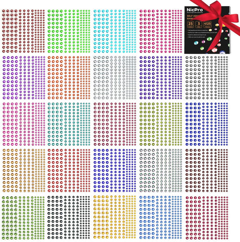 Nicpro Self-Adhesive Rhinestone Stickers Face Gems Body Jewels 4125 Pieces Crystal in 3 Size 25 Colors,25 Embellishments Sheet for Nail,Crafts,Festival,Carnival,Makeup