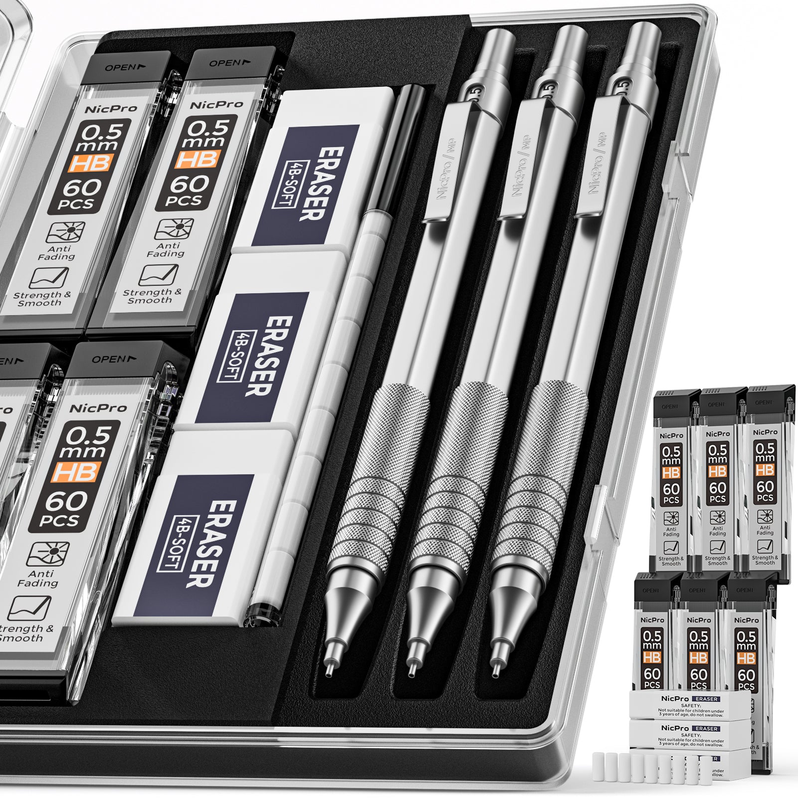 Nicpro 3 Pack 0.5 mm Mechanical Pencils Set, Metal Artist Pencil With HB Pencil Leads, Erasers Come With Case
