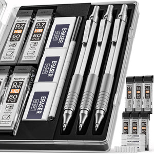 Nicpro 0.7 mm Mechanical Pencils Set, 3 PCS Metal Automatic Drafting Pencil Mechanical Pencil With 6 Tubes HB Pencil Leads And 3 Erasers For Writing Draft, Drawing, Sketch-Come With Case
