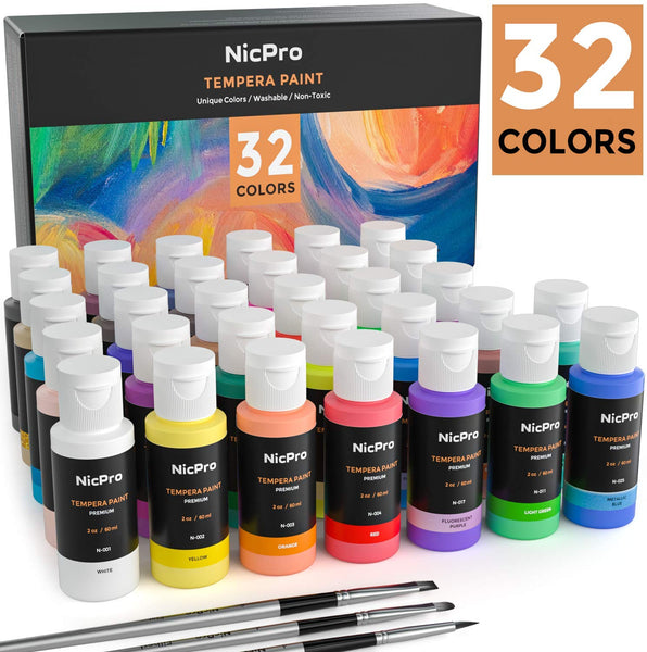 Nicpro Tempera Washable Paint for Kid, 32 Colors (2 oz/Tube) Liquid Finger Paint Kit with 3 Brushes Non Toxic for for Poster, Paper, Canvas & Art Craft DIY Projects