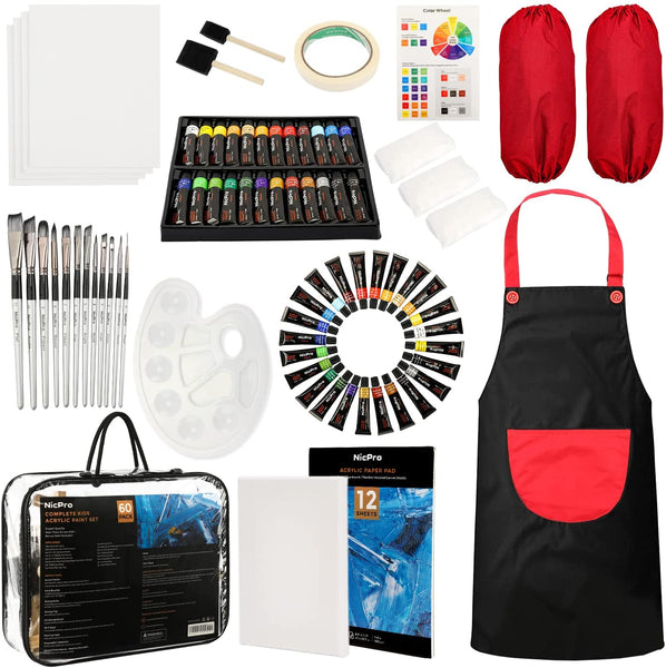 Nicpro Kid Art Set, 24 Colors Acrylic Paint，Complete Painting Supplies Kit for Boy & Girls Gift with Canvas, Smock, Painting Pad, Mixing Knives, Easel, Sponge, Mixing Tray
