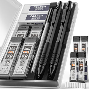 Nicpro Black Mechanical Pencils 0.5mm & 0.7 mm, Metal Lead Pencil Set with 4 Tubes HB Lead Refill And 2 Erasers For Writing Drafting, Drawing, Sketch -Come With Case