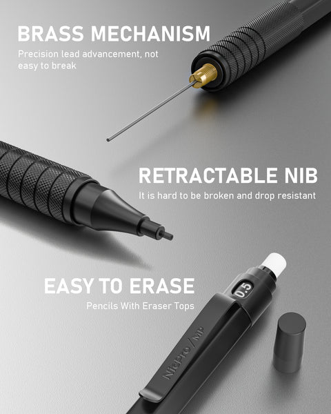 Nicpro Black Mechanical Pencils 0.5mm & 0.7 mm, Metal Lead Pencil Set with 4 Tubes HB Lead Refill And 2 Erasers For Writing Drafting, Drawing, Sketch -Come With Case