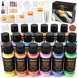 Nicpro 123 Pack Metallic Acrylic Pouring Paint Set, 19 Colors (2oz / 60ml bottle) Ready to Pour Acrylic Paint Supplies & Pre-Mix High Flow for Canvas & Paper, Rocks, Wood and DIY Painting