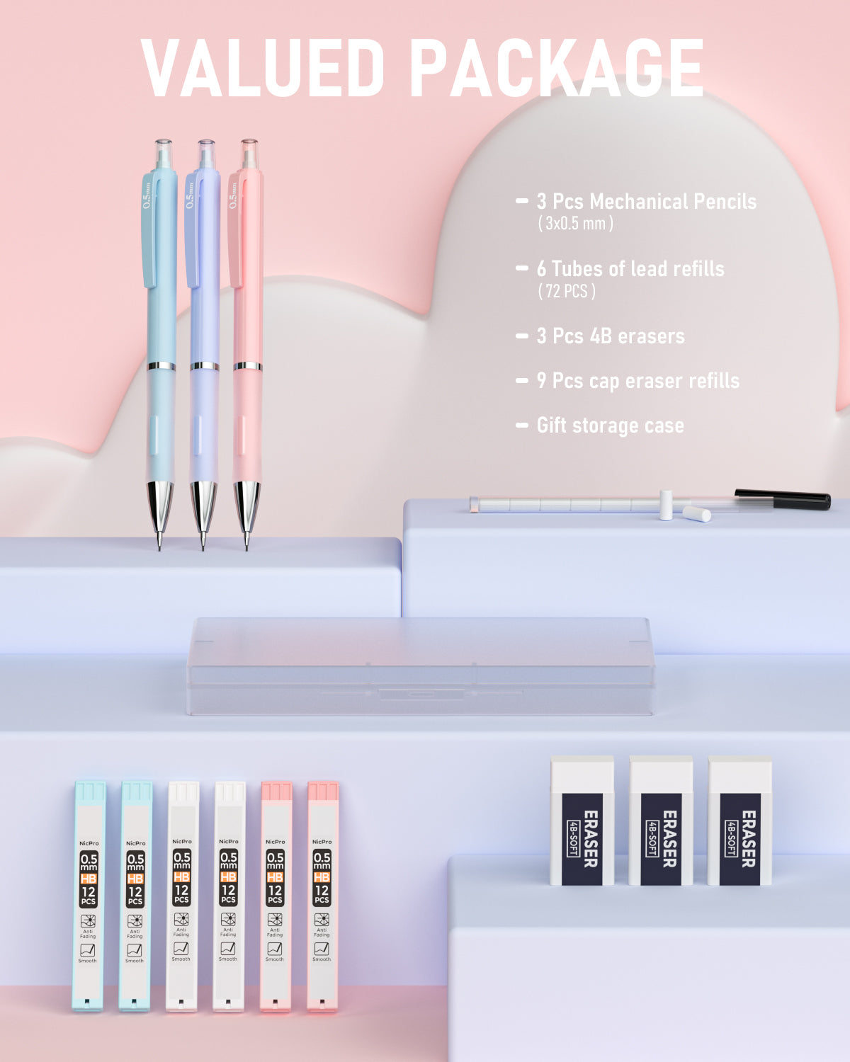 Nicpro 3 PCS Pastel Mechanical Pencil 0.5 mm for School, with 6 tubes HB Lead Refills, Erasers, Eraser Refills For Student Writing, Drawing, Sketching, Blue & Pink & violet Colors - Come with Case