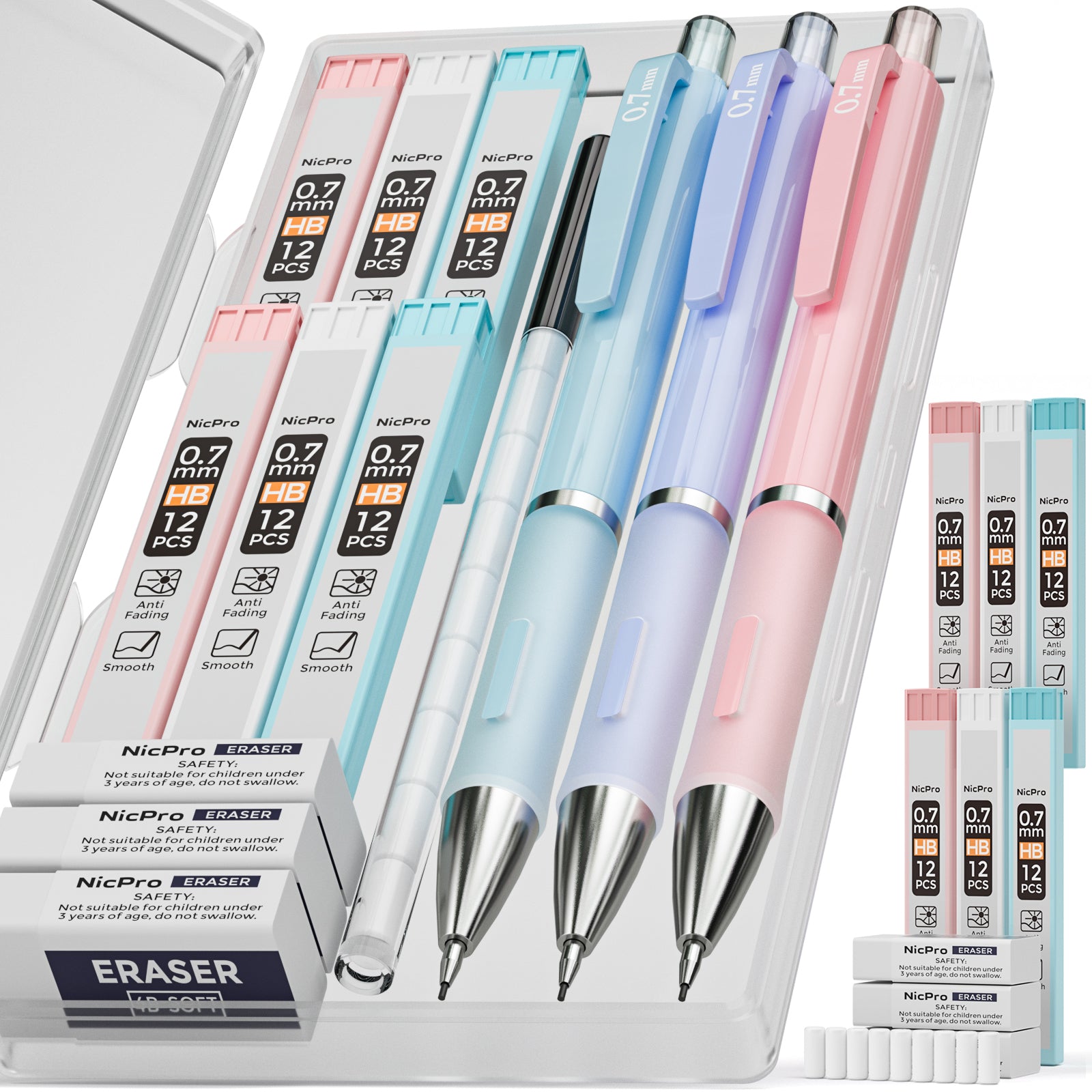 Nicpro 3 Pcs 0.7mm Pastel Mechanical Pencils, with 6 tubes HB Lead Refills, Erasers, Eraser Refills - Come with Case