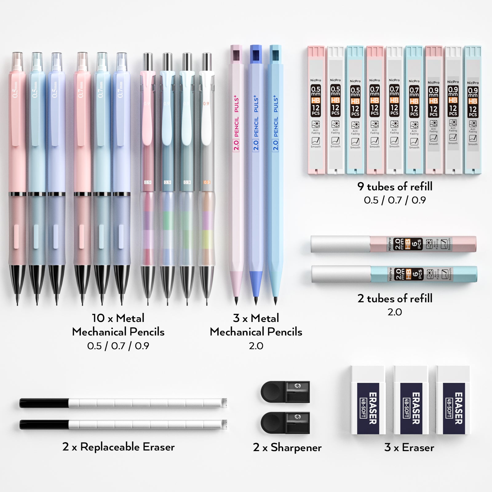 Nicpro 13 PCS Pastel Art Mechanical Pencil Bulk Set,10 PCS Drawing Pencils 0.5 & 0.7 & 0.9 mm & 3 PCS 2mm Graphite Lead Holder(2B HB) For Writing Sketching Drafting With Lead Refills Erasers Cute Case