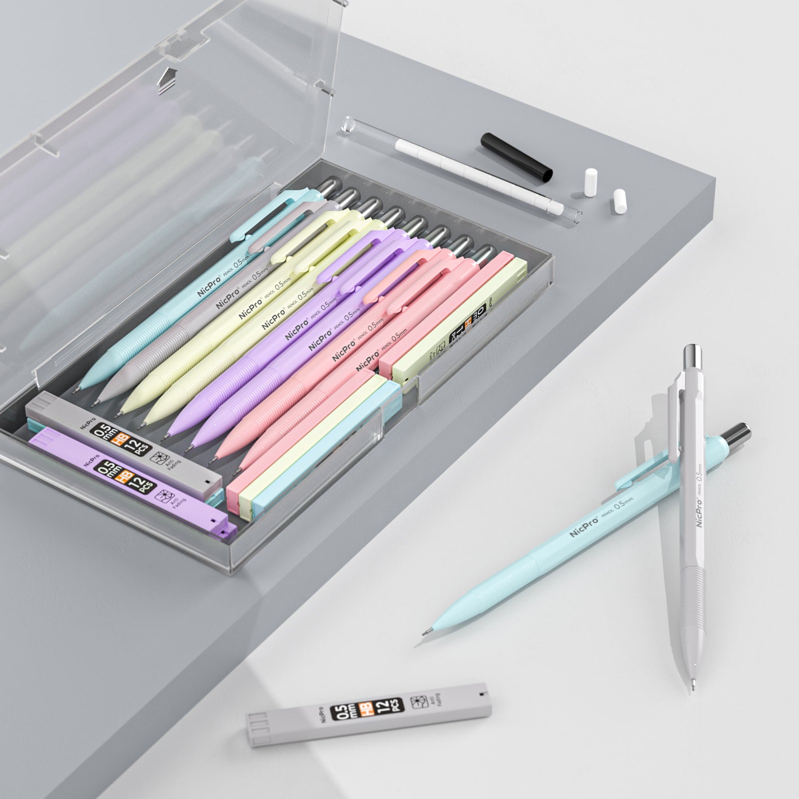 Nicpro 10 PCS 0.5 mm Mechanical Pencils Set with Case, Pastel Aestheti