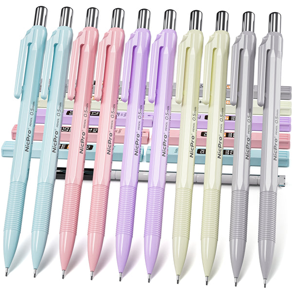 Nicpro 10 PCS 0.5 mm Mechanical Pencils Set with Case, Pastel Aesthetic Art Drafting Lead Pencils with 10 Tube HB Lead Refills, Eraser for School Students Artist Writing Drawing, Sketching