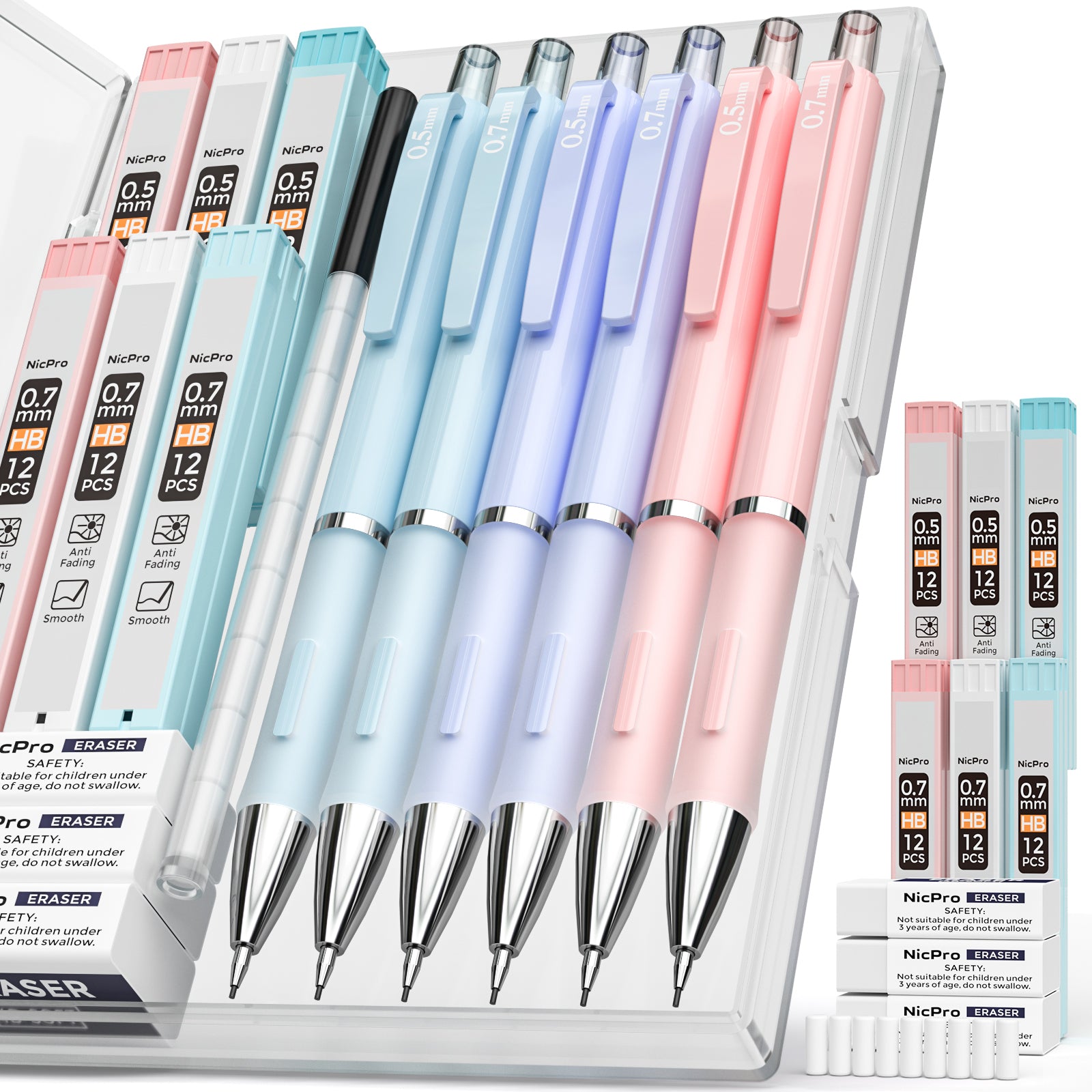 Nicpro 6 PCS Pastel Mechanical Pencil 0.5 & 0.7 mm for School, with 12 tubes HB Lead Refills, Erasers, Eraser Refills For Student Writing, Drawing, Sketching, Blue & Pink & violet Colors - with Case