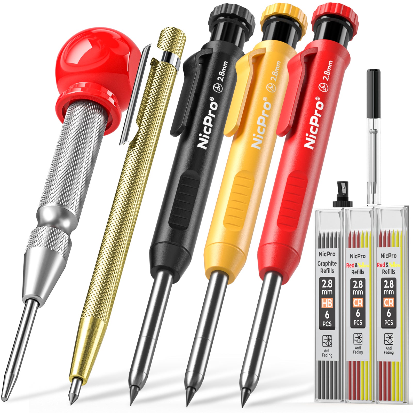 Nicpro 10PCS Mechanical Carpenter Pencil Set with Built-in Sharpener, Lead Refill, Engraving Pen, Center Punch, Lead Pointer, Deep Hole Marker Construction Pencil for Architect Woodworking