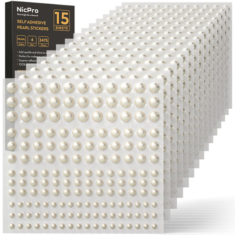 2475 PCS Pearl Stickers Self Adhesive, Nicpro 4 Size Stick On Makeup Pearl Gem White Jewel Decor for Face, Body, Nail, Hair, Phone Art Craft Scrapbooking Embellishments Assorted Size 3mm/4mm/5mm/6mm